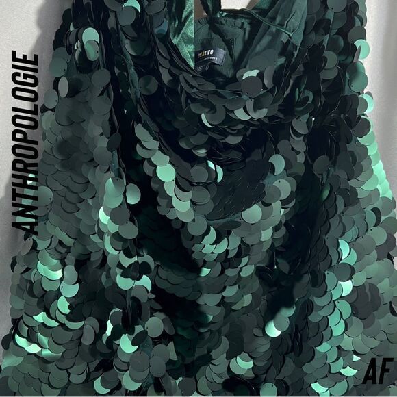 ANTHROPOLOGIE BY MAEVE ONE SHOULDER SEQUINED MINI DRESS EMERALD NEW LARGE - Picture 6 of 7